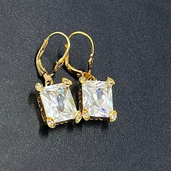 Adrienne Sterling Silver Vermeil Rectangular Cubic Zirconia Dangle Earrings New - Picture 7 of 13